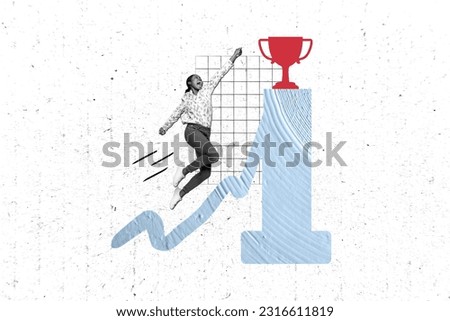 Collage picture of crazy black white gamma girl jump fly reach champion cup trophy first place isolated on painted background