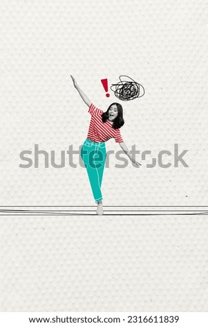 Vertical creative illustration collage of young girl walk tight rope afraid danger entertainment stay balance isolated on white background