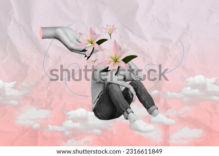 Collage picture of black white colors arm hold give fresh lily flower disappointed mini headless guy clouds sky isolated on paper background