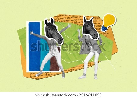 Collage picture of two black white colors girls horse head dance growing chart stats light bulb isolated on green background