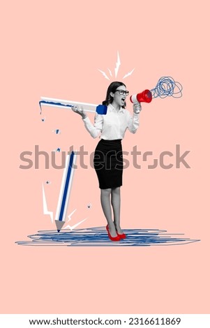 Vertical composite illustration 3d collage of young businesswoman screaming loudspeaker megaphone broke pencil isolated on beige background Royalty-Free Stock Photo #2316611869