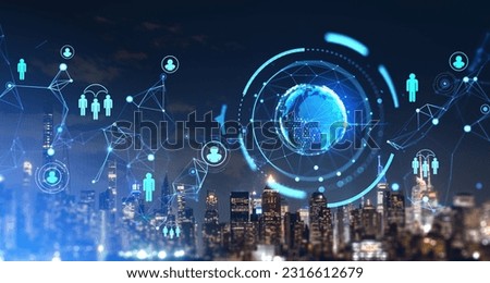 New York skyscrapers at night, glowing earth sphere and digital people icons, virtual world and corporate group meeting. Concept of human resources, management and business network Royalty-Free Stock Photo #2316612679