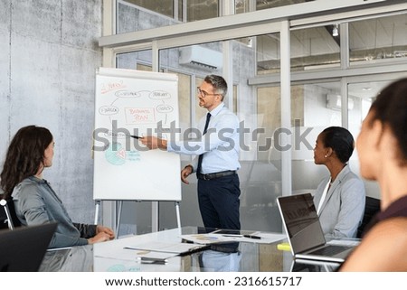 Confident businessman giving a presentation to team in office while writing on white board. Business brief with annual goals and plan with multiethnic colleagues. Leader training businesspeople. Royalty-Free Stock Photo #2316615717