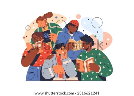 Flat vector people at reading club. Illustration of reading character at book exchange or borrow event. Cartoon reader male and female. Bookshop or bookstore sign or banner. Bookcrossing leisure Royalty-Free Stock Photo #2316621241