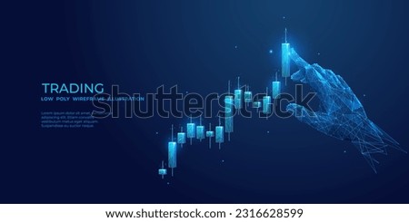 Abstract man touches a candlestick with his index finger. The concept of risk management or playing in the stock markets. A digital hand is touching and lifting up the graph chart. Vector illustration