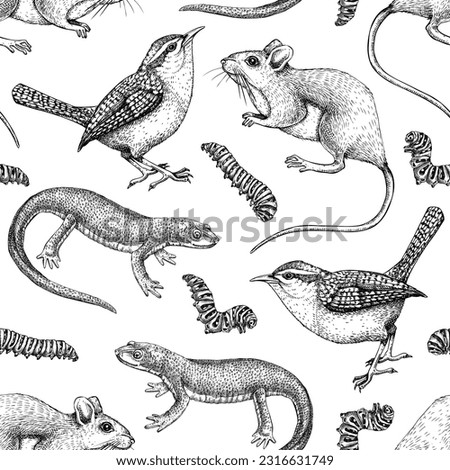Wildlife background. Field animals, seamless pattern. Wildlife vector sketches. Hand-drawn illustration of field birds, and animals for wrapping paper, textile, packaging