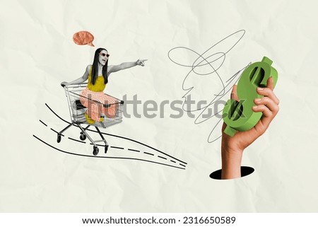 Image 3d sketch minimal collage picture of crazy carefree lady sitting riding pushcart hurry hypermarket isolated on painted background Royalty-Free Stock Photo #2316650589