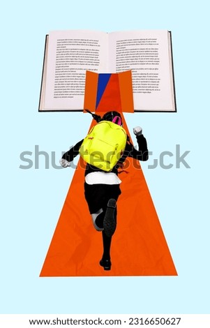 Vertical collage picture illustration of funny schoolgirl running hurry with backpack explore encyclopedia book isolated on blue background