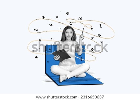 Creative collage of funny young teen girl writing essay genius idea inspiration doodle pencil poetry copybook isolated on white background
