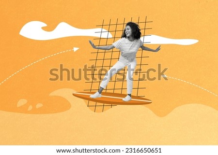 Image sketch picture collage of happy positive funky girl swimming surfboard tropical resort ocean waves isolated on drawing background