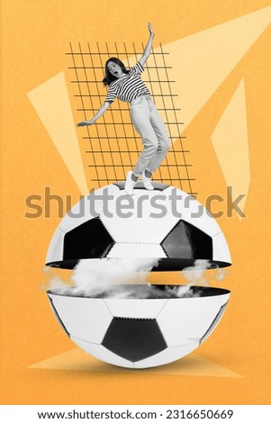Vertical collage picture of impressed mini black white effect girl stand balancing huge football clouds inside isolated on orange background