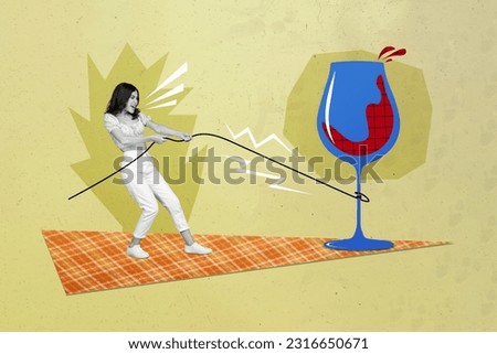 Creative composite collage of young excited girl scream drag rope huge glasswine drinking tasty red cabernet isolated on khaki background