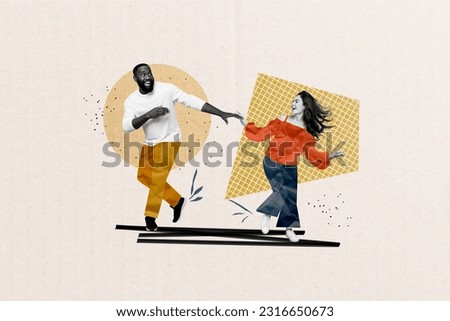 Banner party placard collage of two youth people dancing chilling weekend catch rhythm black white style isolated on drawn background