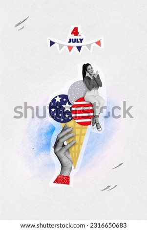 Vertical collage picture of black white colors arm hold mini girl sit american national flag colors ice cream 4th july decoration