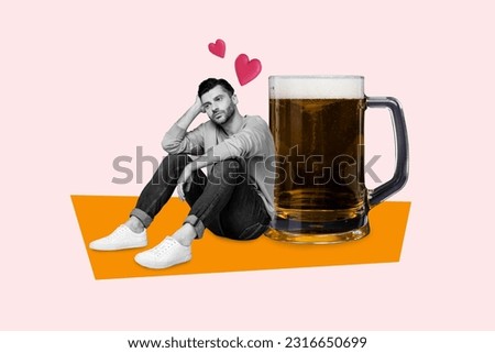 Vertical illustration collage of young depressed man thoughts about his broken heart love drunk beer glass isolated on pink background Royalty-Free Stock Photo #2316650699