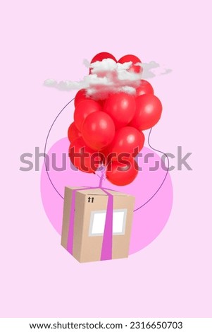 Vertical collage illustration of object product delivery anniversary gift package carton box fly air balloons isolated on pink background
