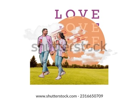 Picture poster photo image sketch collage of two happy positive enamored people drinking ice latte walking park enjoy first romantic date