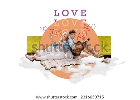 Picture image greeting card sketch of two smiling people celebrating anniversary enjoying honeymoon sitting outside nature lawn