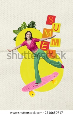 Creative template collage image of excited cool lady rising skateboard good summer weather isolated colorful background