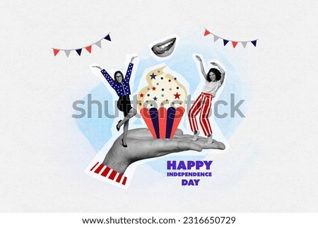 Creative collage of black white colors arm palm hold cake two mini girls dancing mouth lick teeth happy independence day parade decor