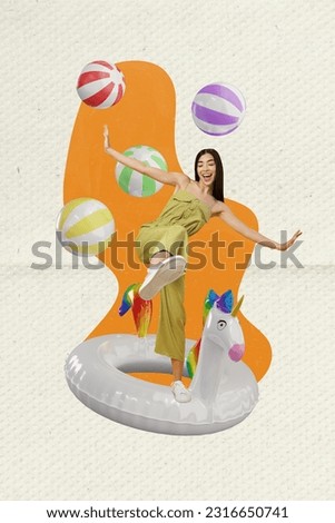 Photo collage artwork picture of happy smiling lady rising unicorn inflatable ring isolated graphical background