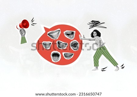Magazine picture sketch collage image of stressed depressed lady denying listening annoying ad isolated creative background Royalty-Free Stock Photo #2316650747