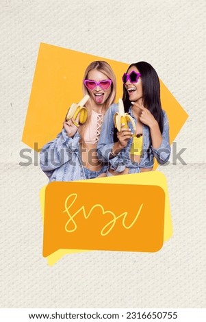 Collage pinup pop 3d image of funky cool ladies talking eating bananas isolated painting background