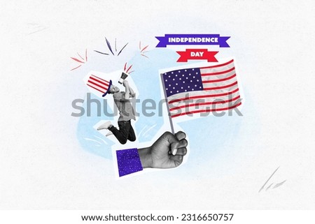 Photo collage artwork minimal picture of funky guy screaming bullhorn celebrating independence day isolated creative background
