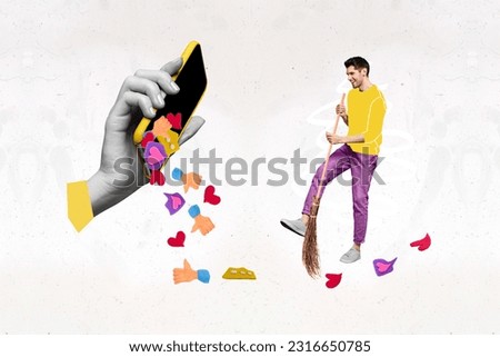 Collage sketch image of funky guy cleaning falling likes apple samsung iphone device isolated painting background