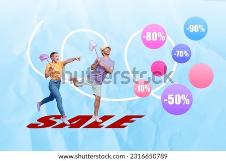 Artwork collage of excited funky lady guy catching sales percentage isolated drawing blue color background