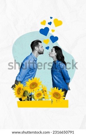 Vertical collage picture of two black white colors partners kiss blue yellow ukrainian hearts sunflowers isolated on white paper background
