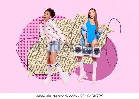 Creative artwork graphics collage painting of smiling funky ladies having fun boom box songs isolated pink color background