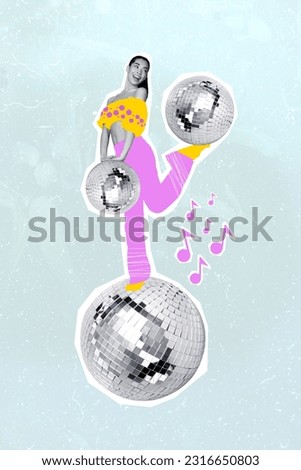 Vertical collage picture of excited black white effect girl drawing clothes stand big disco ball enjoy melody notes isolated on painted background
