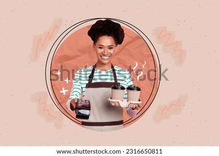 Collage picture of cheerful friendly barista girl arms hold coffee cup order pos terminal isolated on creative background