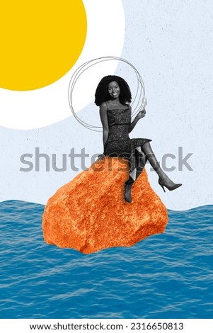 Vertical collage picture of black white colors cheerful elegant girl sit stone rock above water drink champagne drawing sun