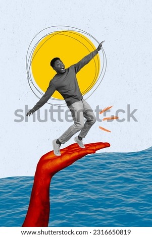 Vertical collage image of red arm palm hold mini black white colors frightened guy above water painted sun isolated on creative background