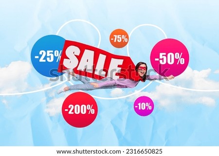 Poster banner picture image sketch 3d collage of cheerful happy girl cartoon character flying sky clouds hurrying store special offer