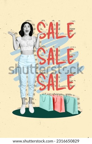 Vertical collage image of black white effect overjoyed girl shopping bags sale proposition isolated on beige background