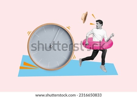 Creative collage picture of black white colors mini terrified impressed guy inflatable ring running away big wall watch clock