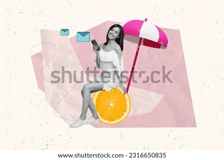 Creative composite collage photo of satisfied cheerful woman sit on lemon under umbrella hold smartphone isolated drawing background