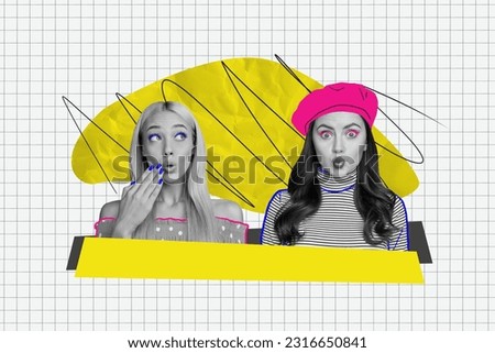 Collage of two impressed funny black white colors girls drawing beret headwear eyelashes pouted lips isolated on checkered copybook page background