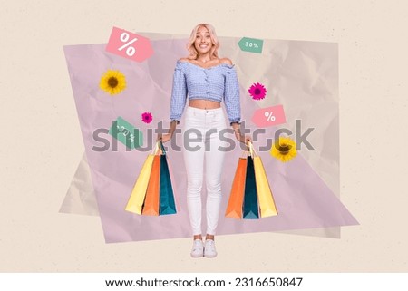 Artwork collage picture of excited girl hold store mall bags special limited offer isolated on paper background