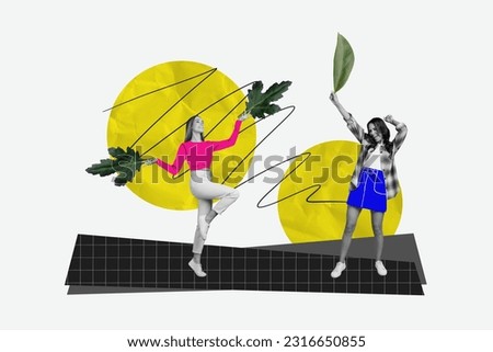 Collage image of two excited cheerful black white effect mini girls dancing arms hold plant leaves isolated on painted white background
