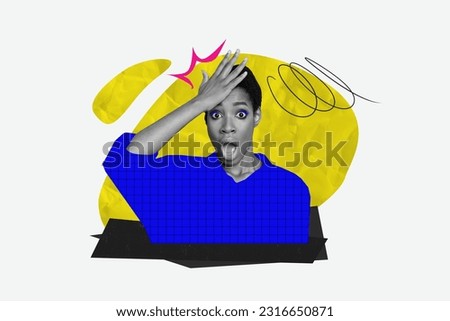 Photo collage artwork picture of funky impressed lady guy hand forehead forget important thing isolated white color background