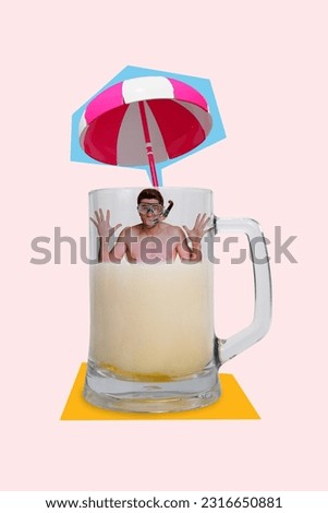 Vertical collage image of funky mini guy scuba diving mask inside huge beer pint sun umbrella isolated on creative background