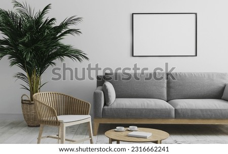 Blank picture frame mockup on white wall. Modern living room design. View of modern Boho style interior with chair, minimalism concept. Two vertical templates for artwork, painting, photo or poster.