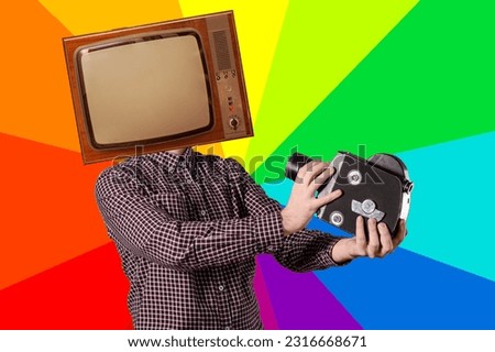 Contemporary minimal retro collage art. Retro Tv man with old movie camera. News, propaganda concept.