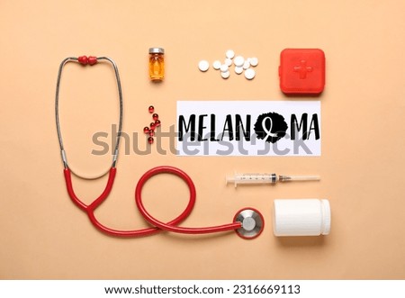 Banner with word MELANOMA and doctor's accessories