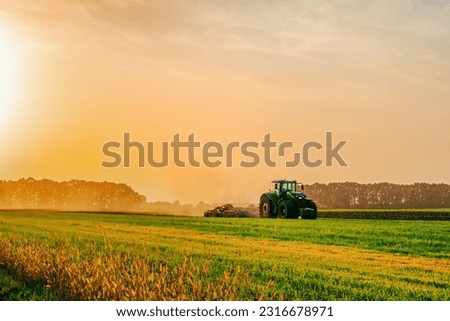 a tractor in a field plows the ground at dawn, sowing grain, sunset, sunrise. High quality photo Royalty-Free Stock Photo #2316678971