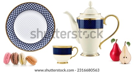 Colorful digital wall tiles design for kitchen, design set of elegant and traditional teapot colorful white blue gold coffee Tea cup on cup's plate beside the hot tea pot and fruits.